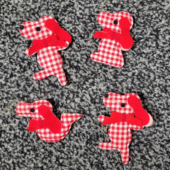 Vintage Red & White Gingham Dog Christmas Ornaments, set of 4 - Picture 1 of 12